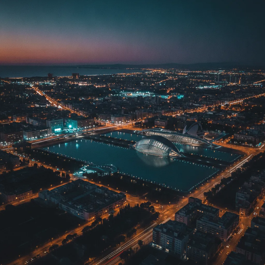 Vista nocturna estilizada de Valencia con la Ciudad de las Artes y las Ciencias